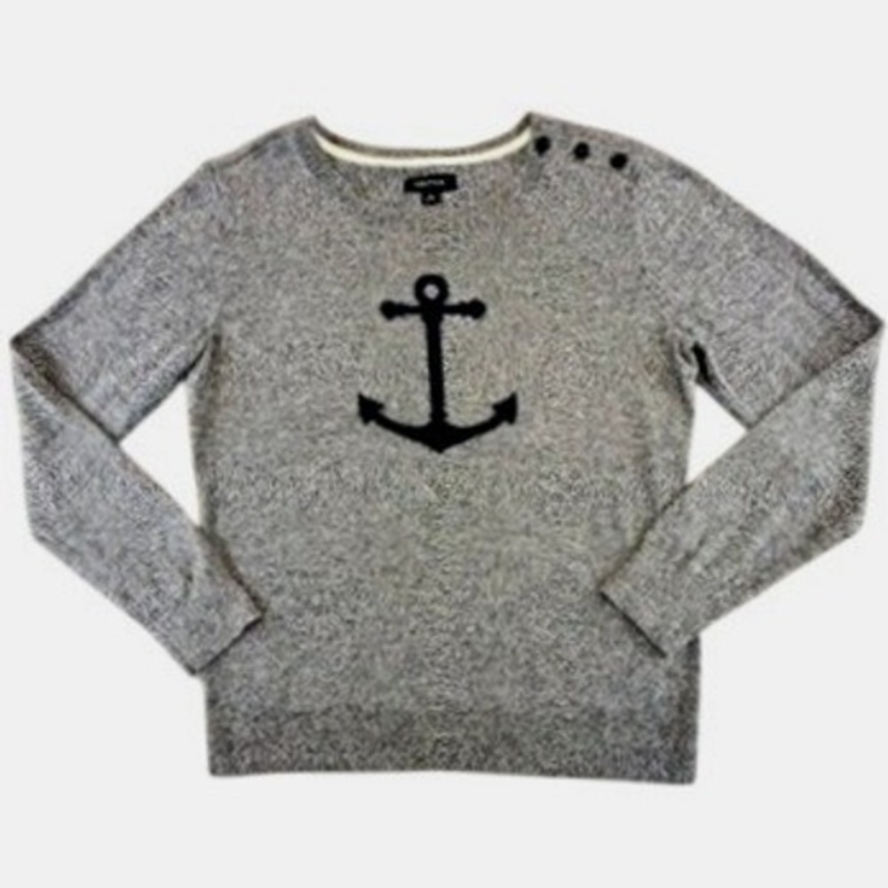Nautica Womens Navy Marl Anchor Graphic Cotton Crewneck Sweater Size M